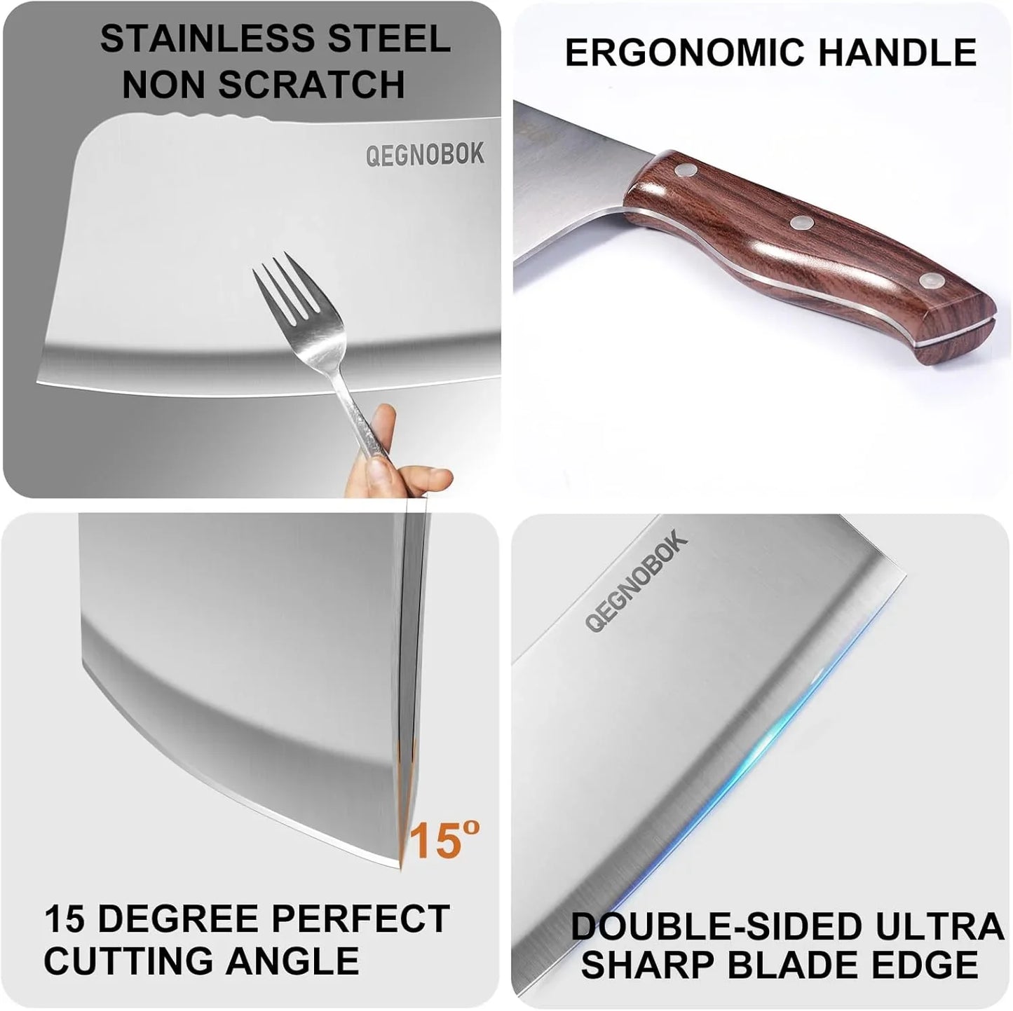 Professional 7-inch meat cleaver with stainless steel blade, ergonomic wooden handle, 15-degree cutting angle, and double-sided sharp edge