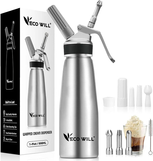 Stainless steel whipped cream dispenser with attachments and packaging on a white background