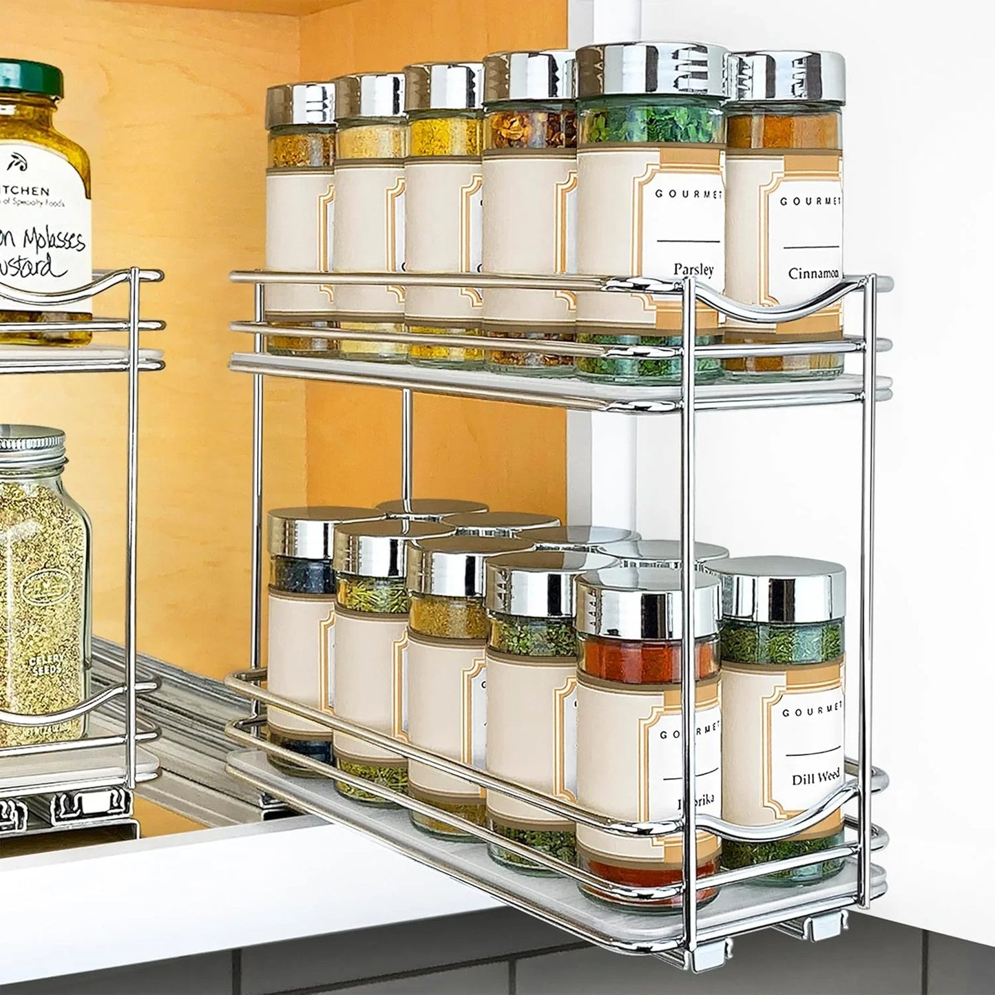 Pull Out Spice Rack Organizer, 2 Tier Slide Out Shelf