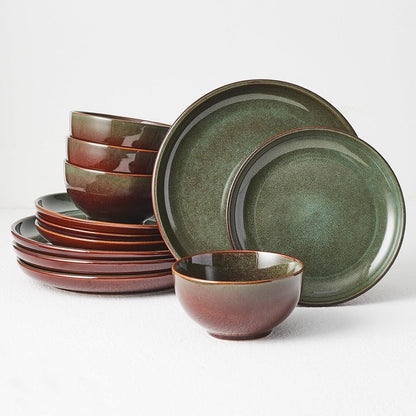 12-piece reactive glaze stoneware dinnerware set with brown and green plates and bowls