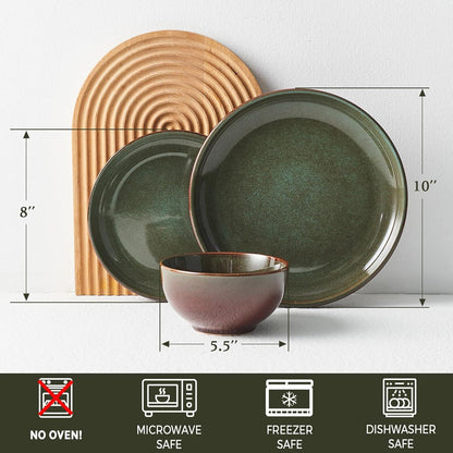 12-piece reactive glaze stoneware dinnerware set with green plates and brown bowl, microwave and dishwasher safe