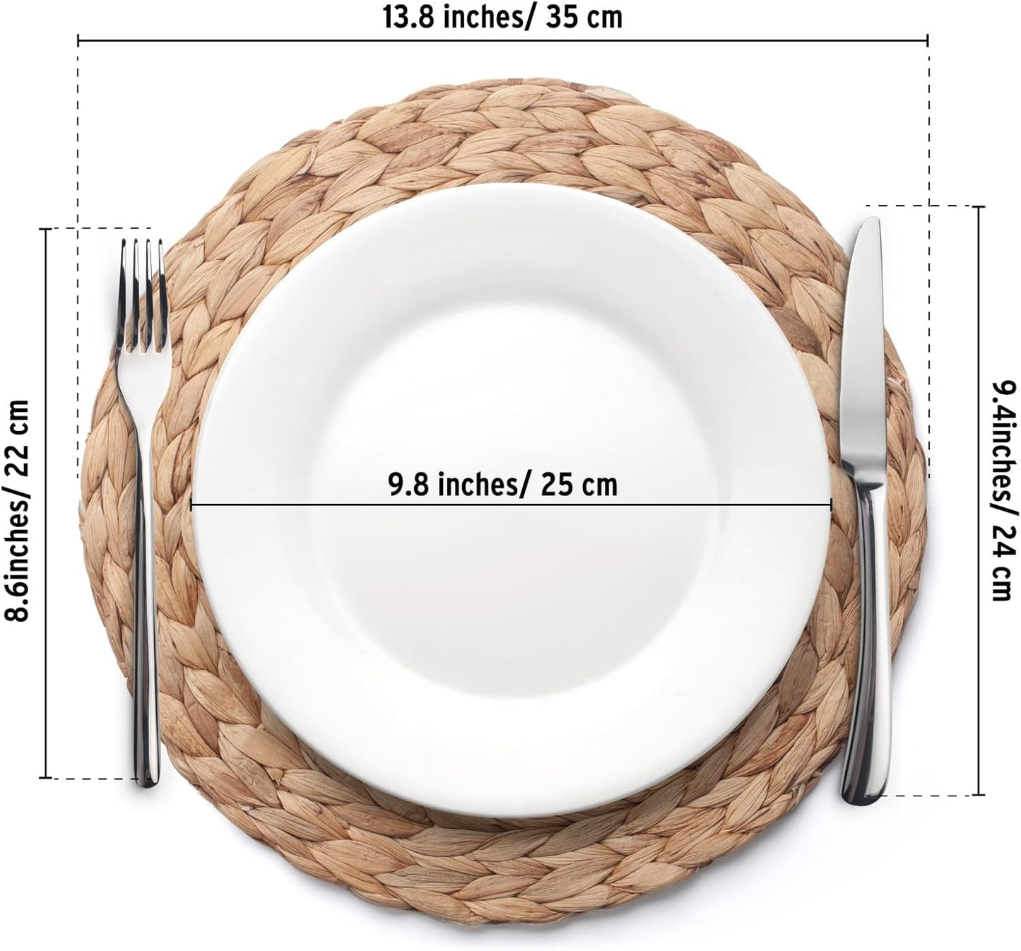 Large round woven placemat holding a dinner plate, mug and cutlery.