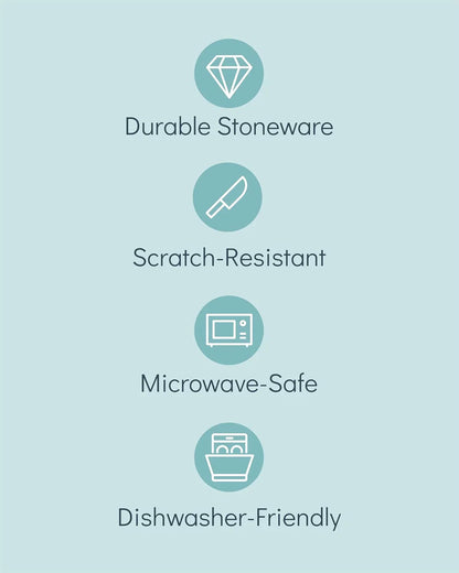 Icons and text highlighting durable stoneware, scratch-resistant, microwave-safe, and dishwasher-friendly features