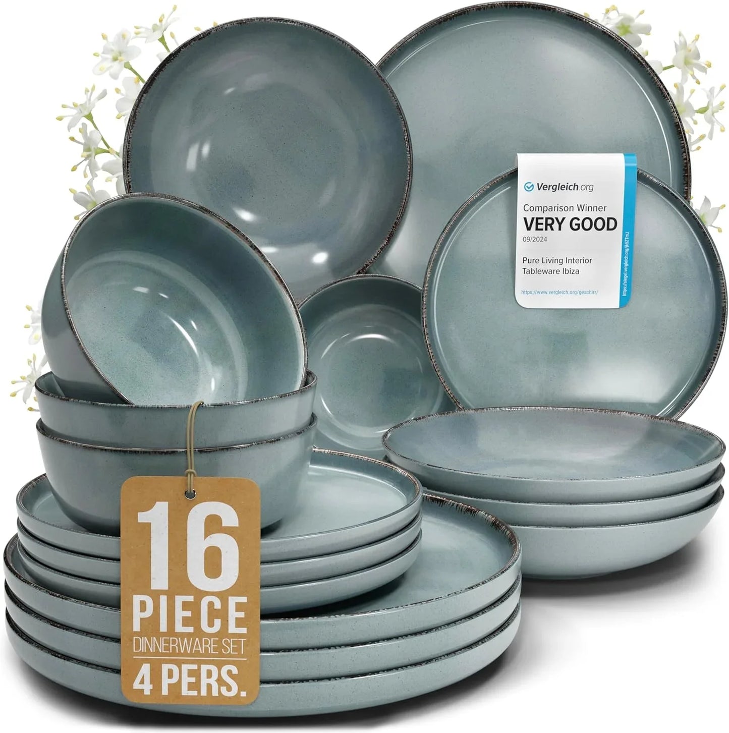 Rustic smoky blue stoneware 16-piece dinnerware set for 4 persons with plates and bowls