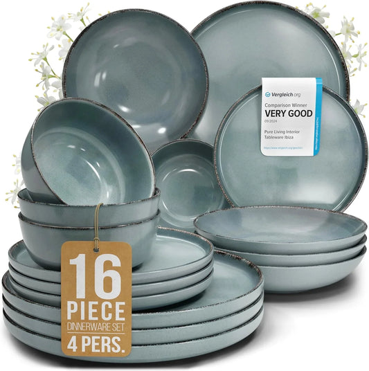 Rustic smoky blue stoneware 16-piece dinnerware set for 4 persons with plates and bowls