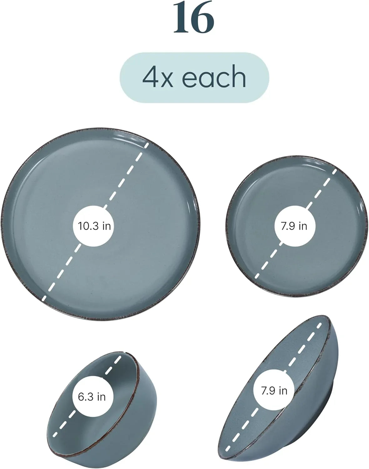 Rustic smoky blue stoneware 16-piece dinnerware set with 10.3" plates, 7.9" salad plates, and bowls