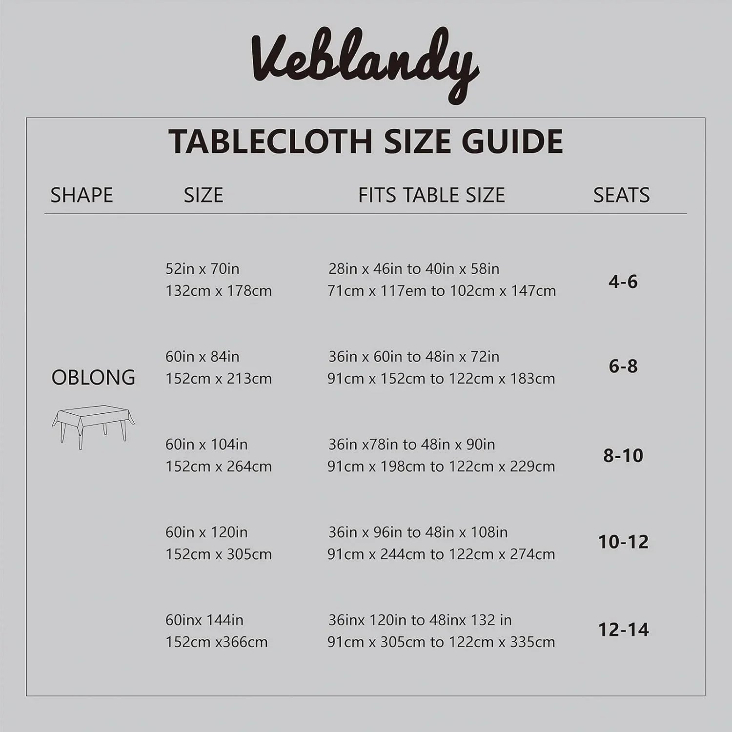 Keblandy tablecloth size guide for oblong shapes with dimensions and seating capacity details