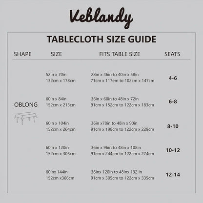 Keblandy tablecloth size guide for oblong shapes with dimensions and seating capacity details