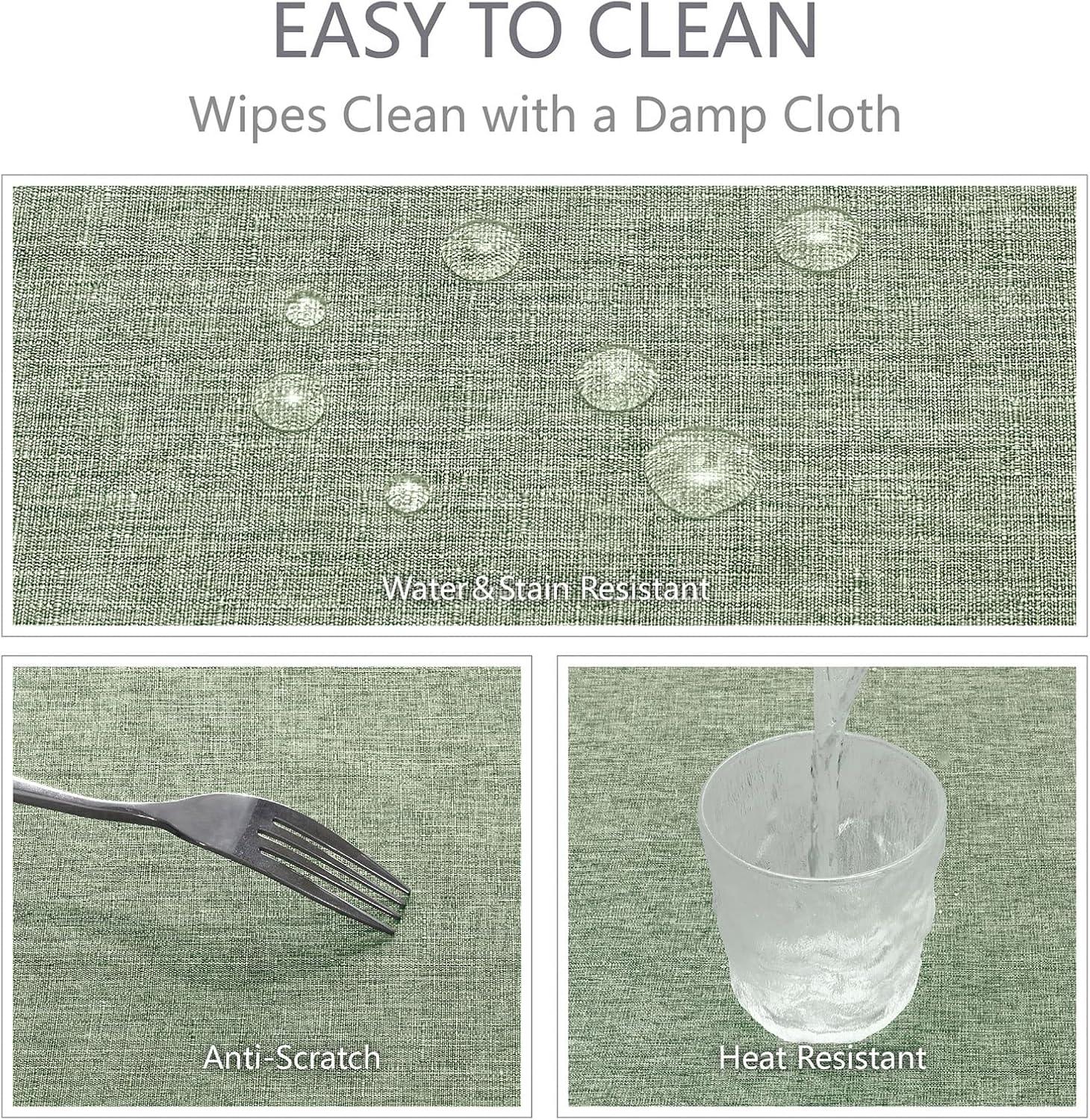 Sage green textured waterproof rectangular tablecloth showing water resistance, anti-scratch, and heat resistance