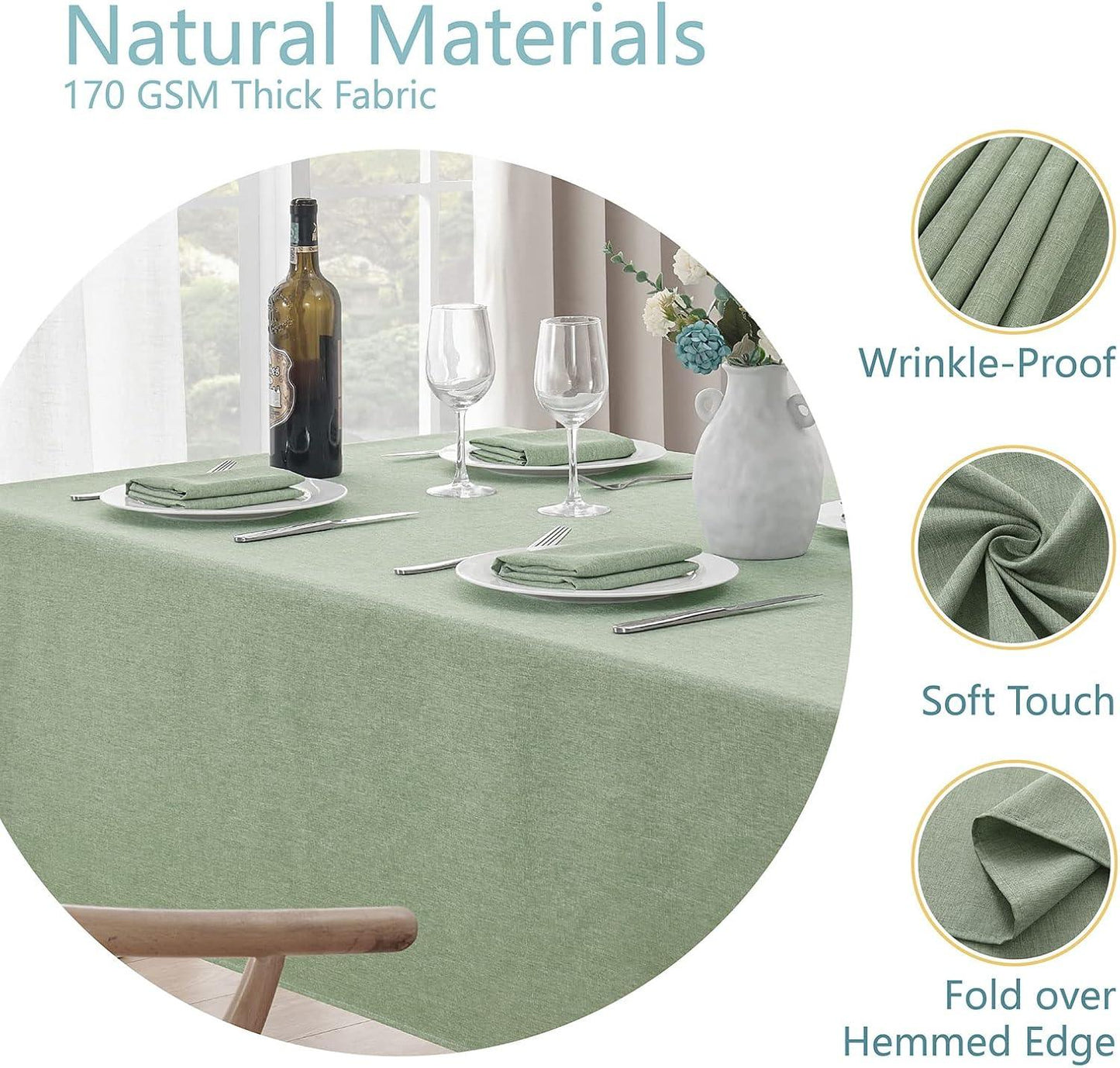 Sage green rectangular linen tablecloth with natural fabric, wrinkle-proof, soft touch, hemmed edge