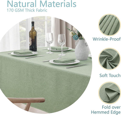 Sage green rectangular linen tablecloth with natural fabric, wrinkle-proof, soft touch, hemmed edge