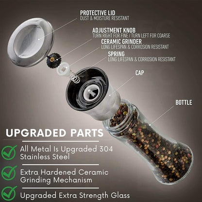 Hand using a stainless steel grinder to season food on a dinner plate.