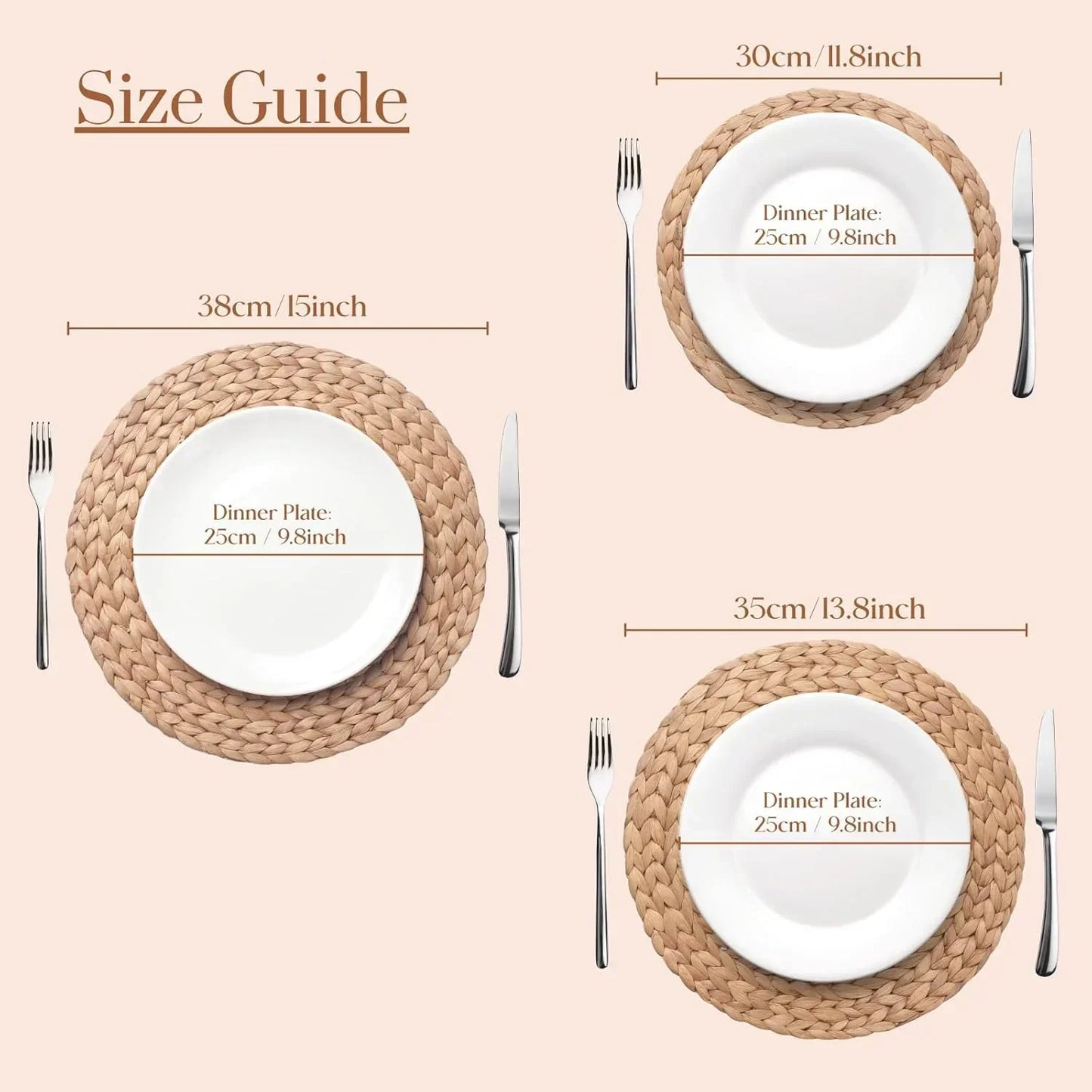 Size guide for natural woven round placemats with white dinner plates and cutlery, showing 15, 13.8, and 11.8 inch diameters