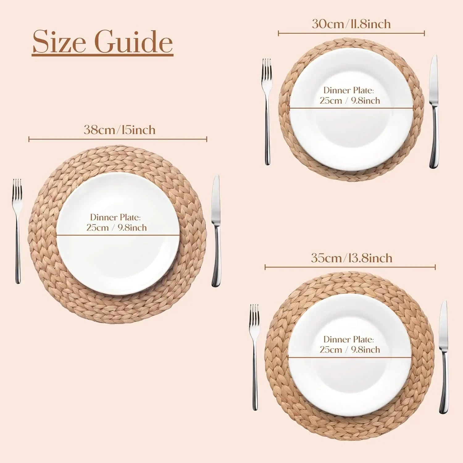 Size guide for natural woven round placemats with white dinner plates and cutlery, showing 15, 13.8, and 11.8 inch diameters