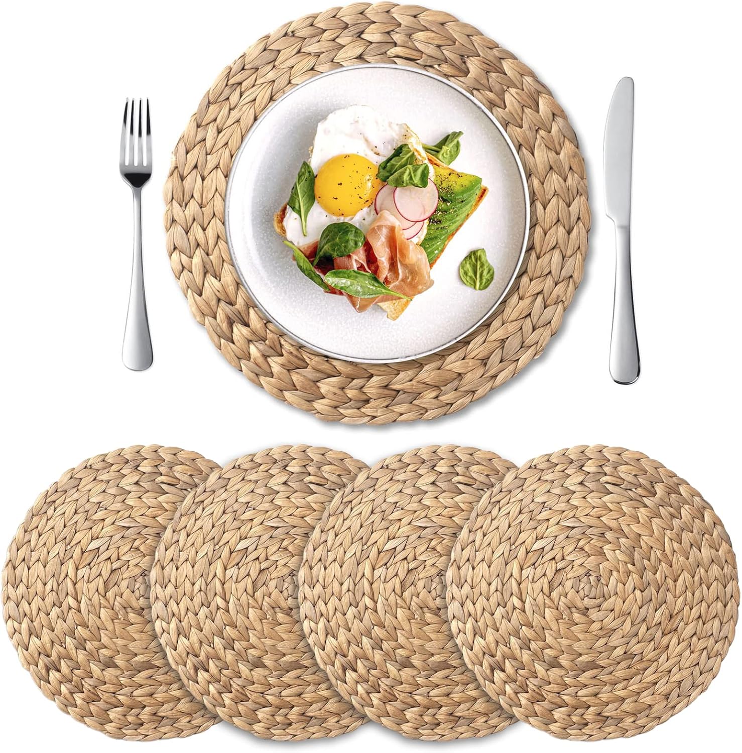 Set of four round 13.8 inch natural water hyacinth placemats arranged on a table.
