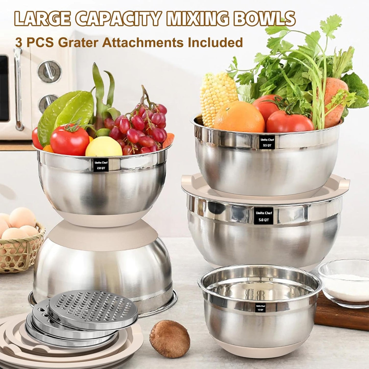 Set of five stainless steel mixing bowls lined up by size from 1.5QT to 5QT.