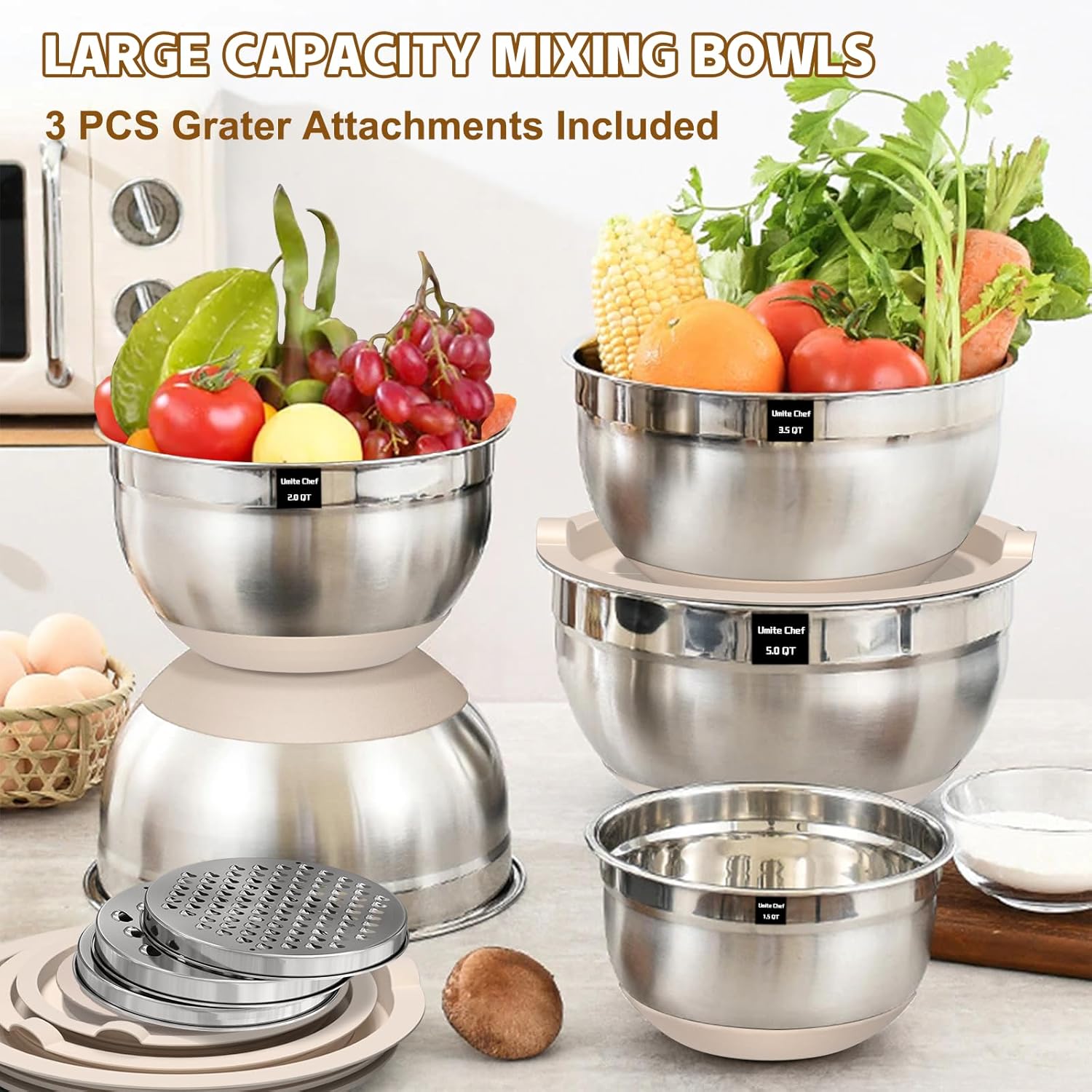 Set of five stainless steel mixing bowls lined up by size from 1.5QT to 5QT.