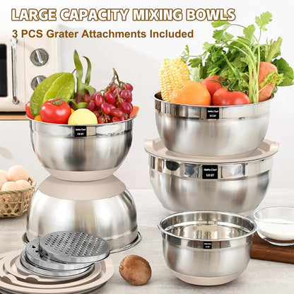 Set of five stainless steel mixing bowls lined up by size from 1.5QT to 5QT.