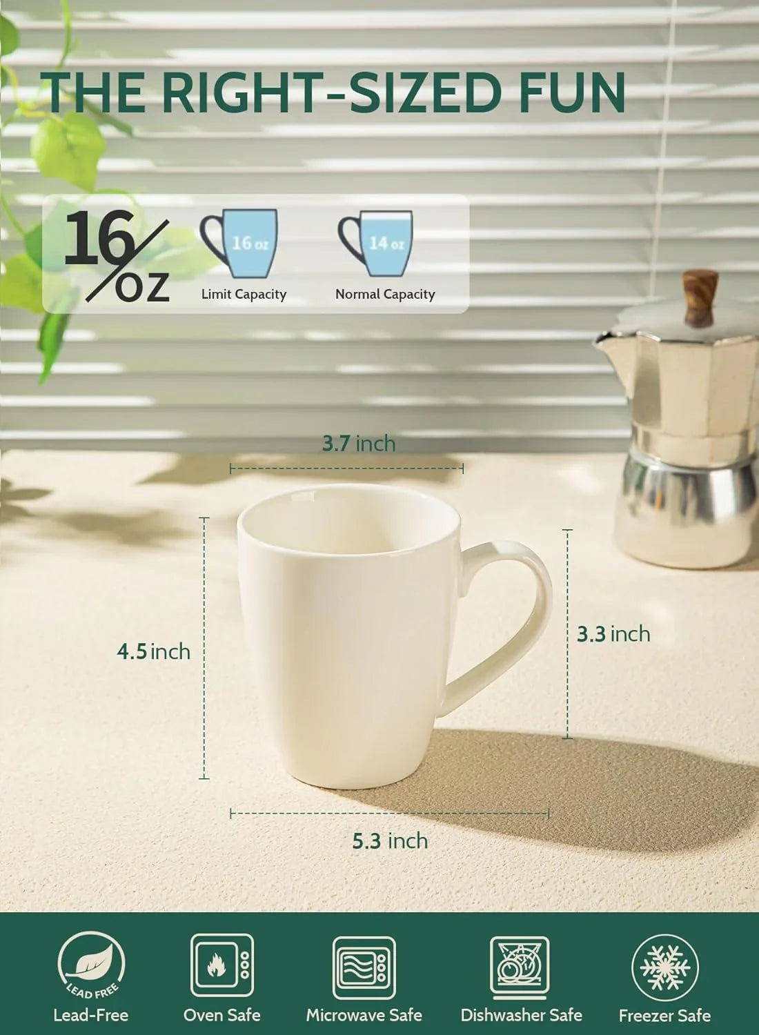 16oz white porcelain coffee mug with handle, 4.5in tall, 3.7in diameter, oven, microwave, dishwasher safe