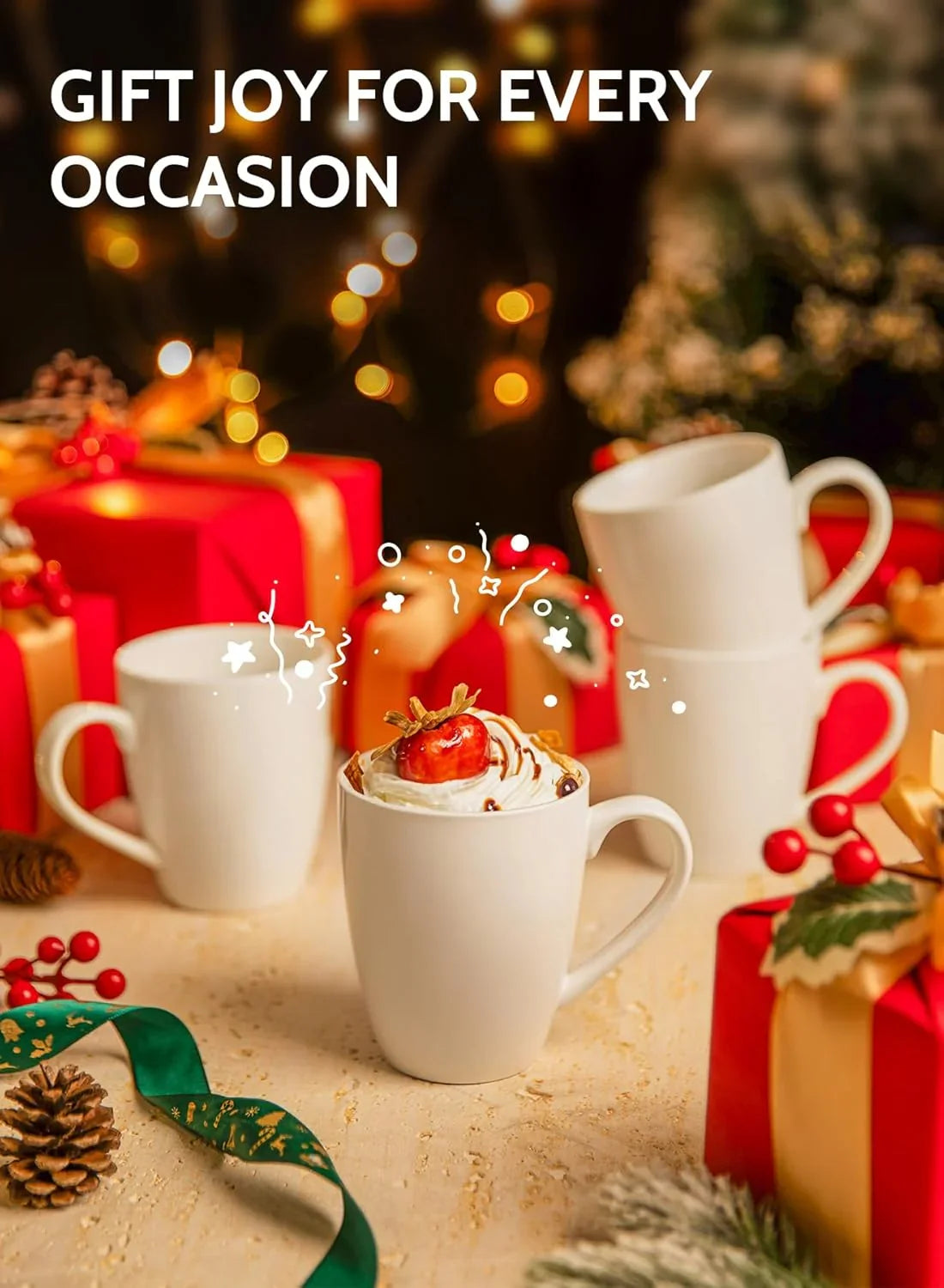 White porcelain coffee mugs surrounded by Christmas gift boxes, holiday decorations, and festive lights