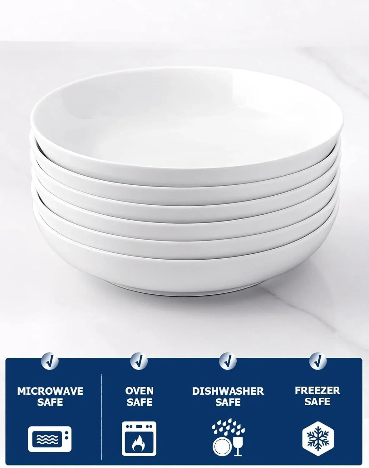 Set of six 30oz white wide shallow porcelain pasta bowls stacked, microwave, oven, dishwasher, and freezer safe