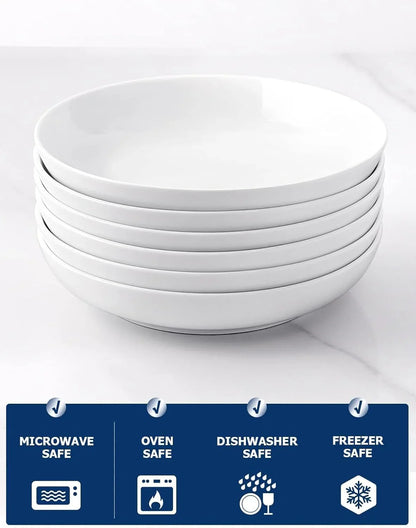 Set of six 30oz white wide shallow porcelain pasta bowls stacked, microwave, oven, dishwasher, and freezer safe