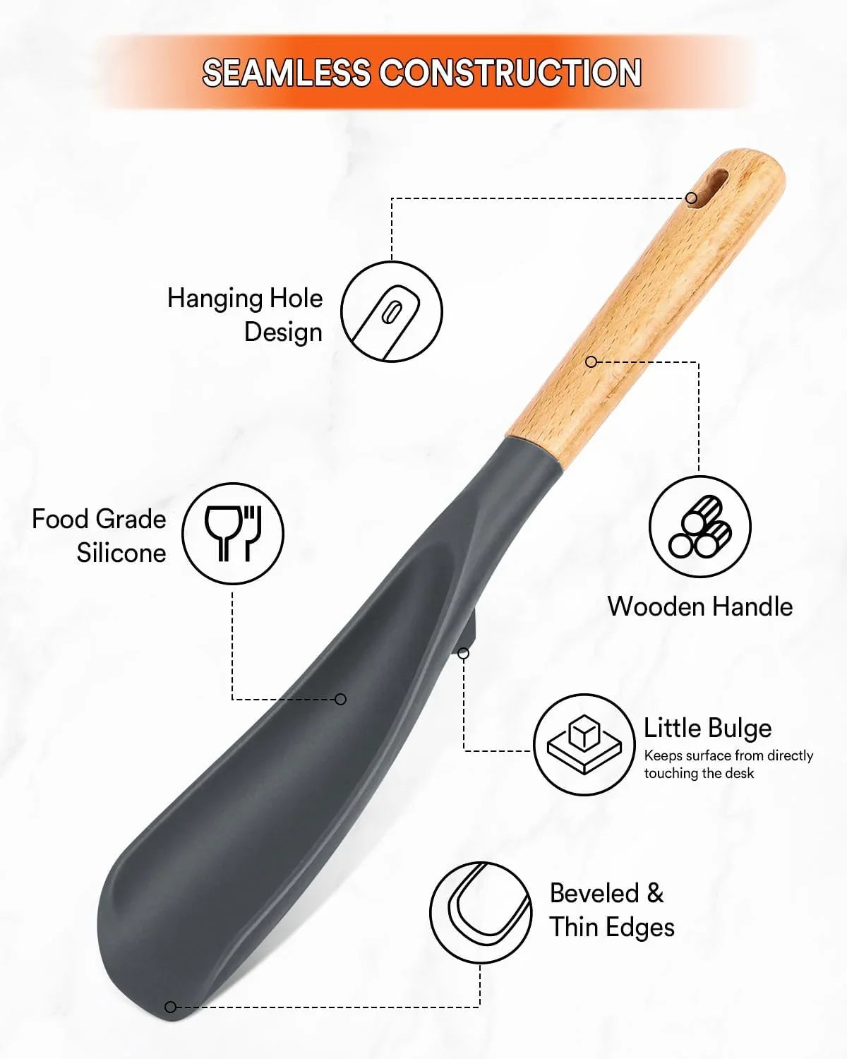 Silicone Cooking Spoon for Nonstick Cookware – Black & Grey, 11.4 inch