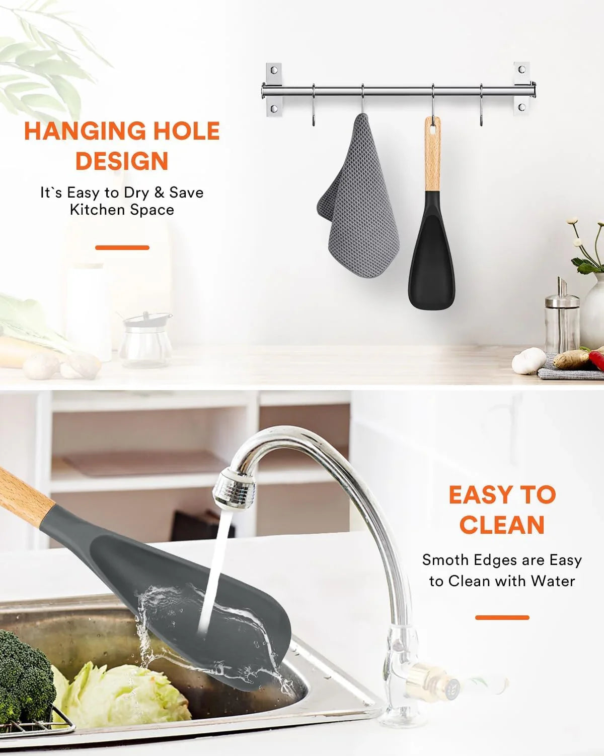 Silicone Cooking Spoon for Nonstick Cookware – Black & Grey, 11.4 inch