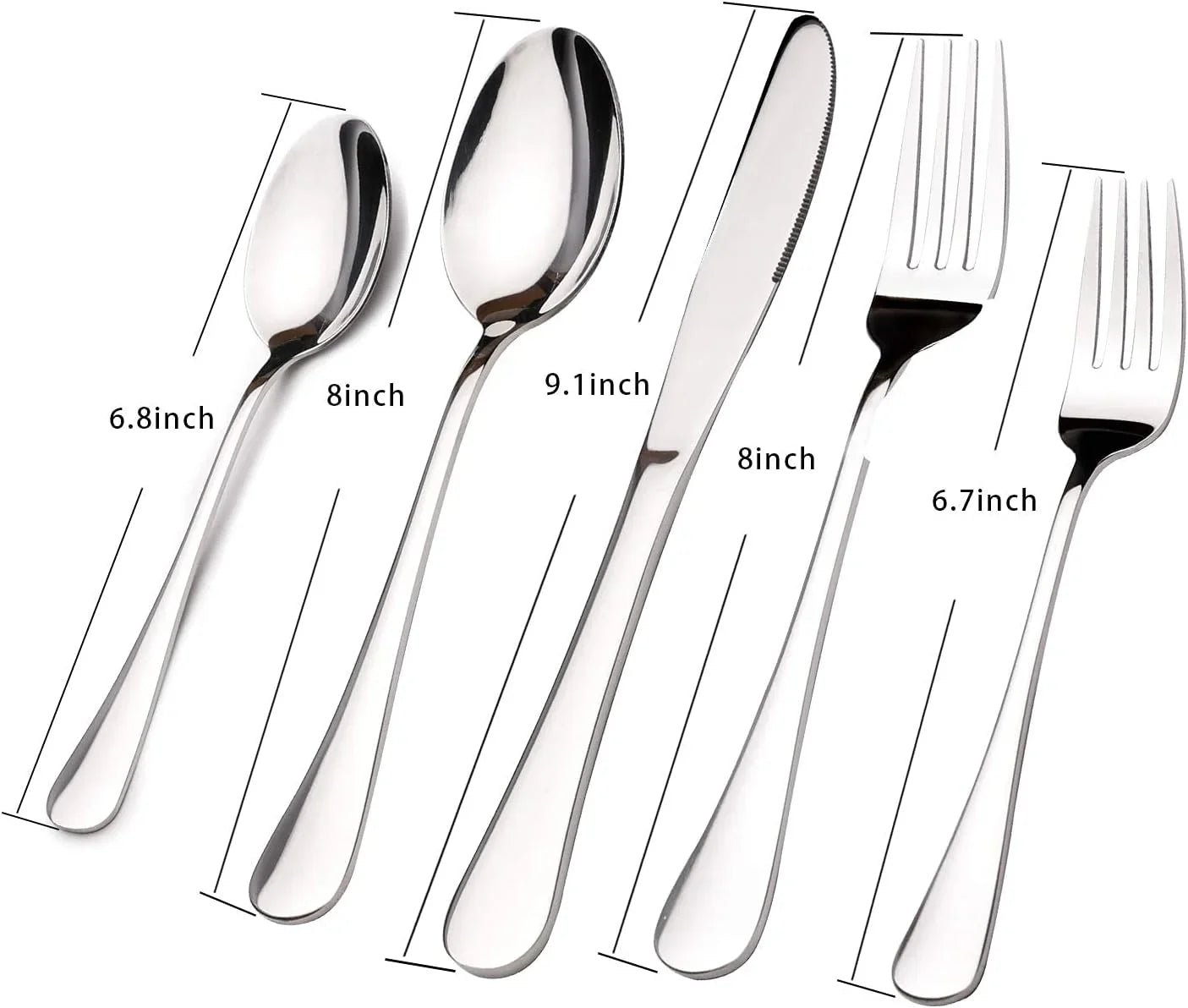 Heavy-duty stainless steel flatware set with spoons, knife, and forks showing measurements