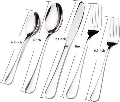Heavy-duty stainless steel flatware set with spoons, knife, and forks showing measurements
