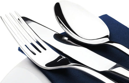 Close-up of shiny stainless steel fork, knife, and spoon on a navy blue napkin and white plate