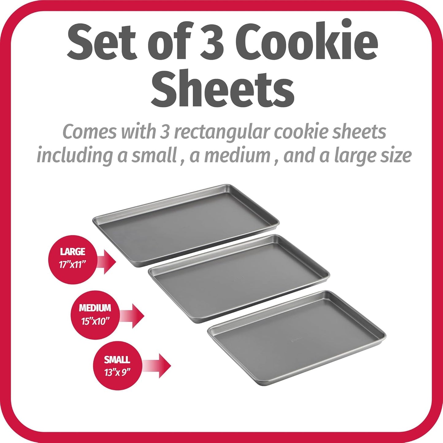 Small, medium and large nonstick cookie sheets laid out side by side on a counter.