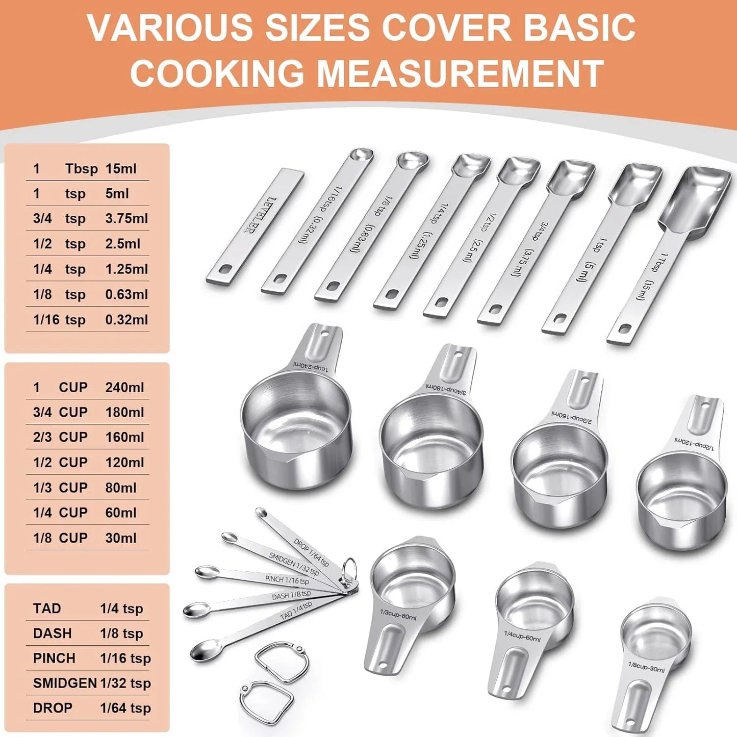 Stainless Steel Measuring Cups and Spoons Set (20 Piece)