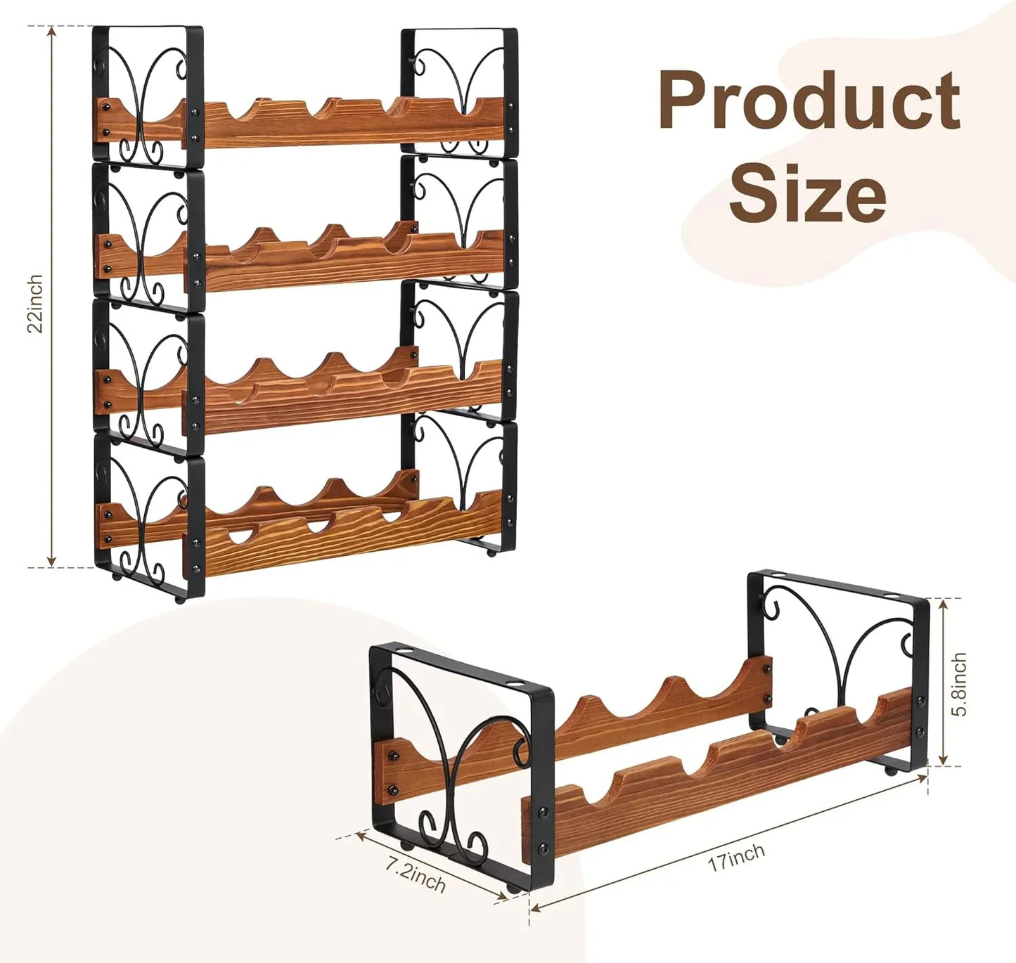 Stackable 16-bottle wooden and metal 4-tier freestanding wine rack with size dimensions