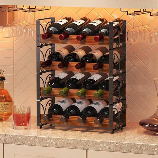 4-tier stackable wooden and metal wine rack with 16 bottles on a kitchen countertop with hanging wine glasses