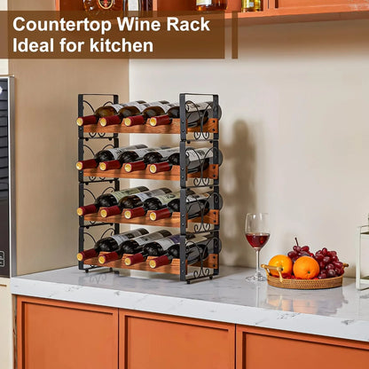 Four-tier wooden and metal countertop wine rack holding 16 bottles on a kitchen counter with fruit basket and wine glass