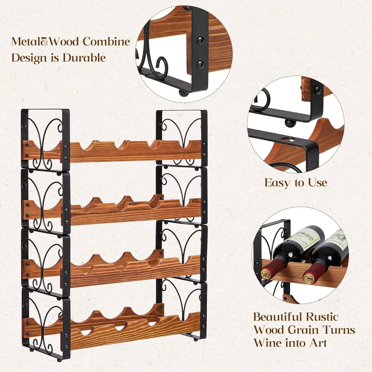 4-tier freestanding wine rack with metal frame and rustic wooden shelves holding wine bottles