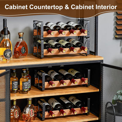 Wooden and metal four-tier wine rack holding wine bottles inside and on top of cabinet with whiskey bottles