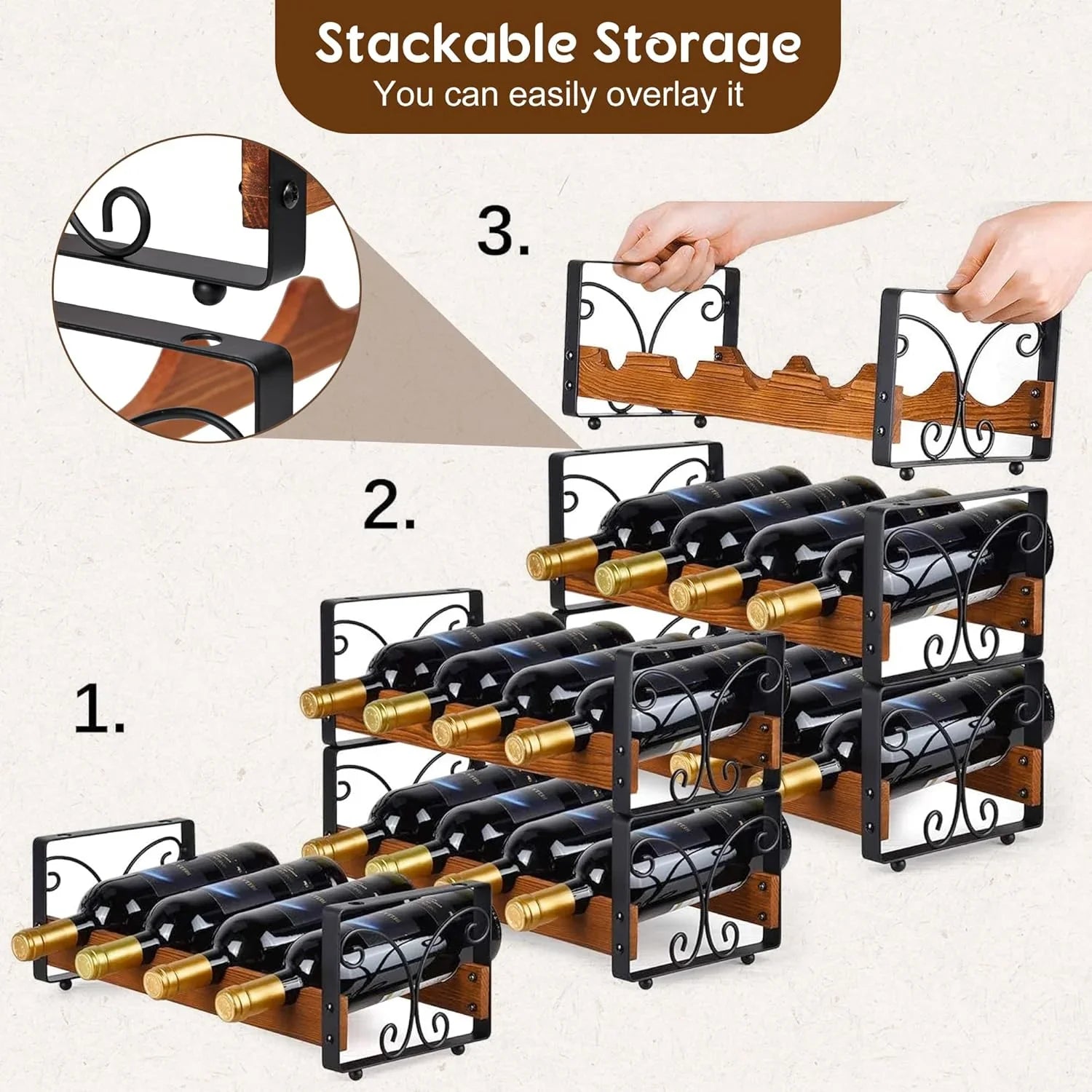 Stackable 16 bottle wooden and metal wine rack with decorative black metal sides holding red wine bottles