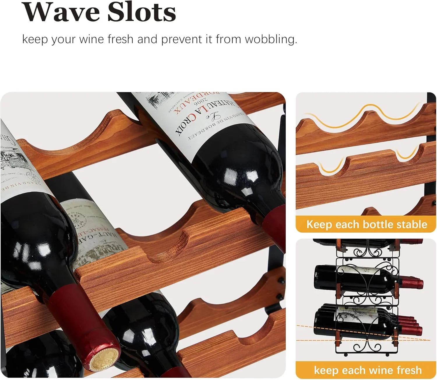 Close-up of wooden wine rack with wave slots holding red wine bottles securely, focus on stability and freshness