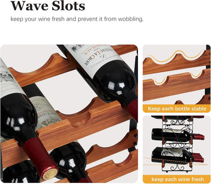 Close-up of wooden wine rack with wave slots holding red wine bottles securely, focus on stability and freshness