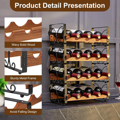 4-tier wooden and metal wine rack with 16 bottles, sturdy frame and falling prevention design