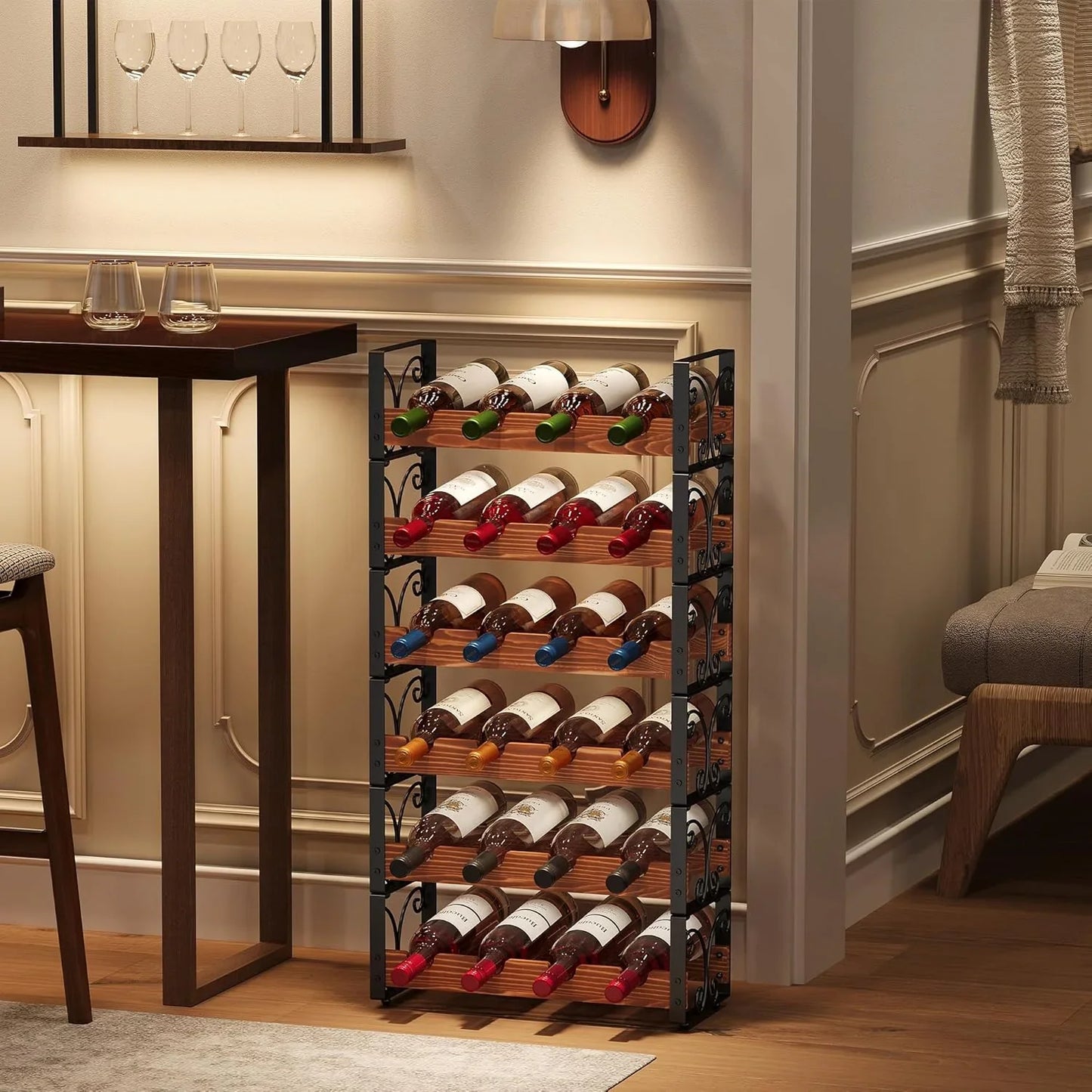 Four-tier wooden and metal wine rack with multiple wine bottles in a cozy living room corner