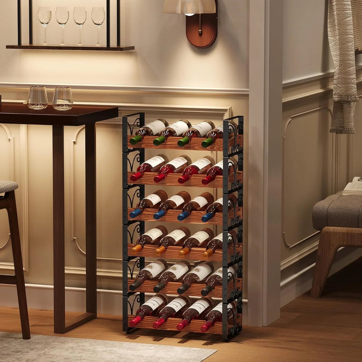 Four-tier wooden and metal wine rack with multiple wine bottles in a cozy living room corner