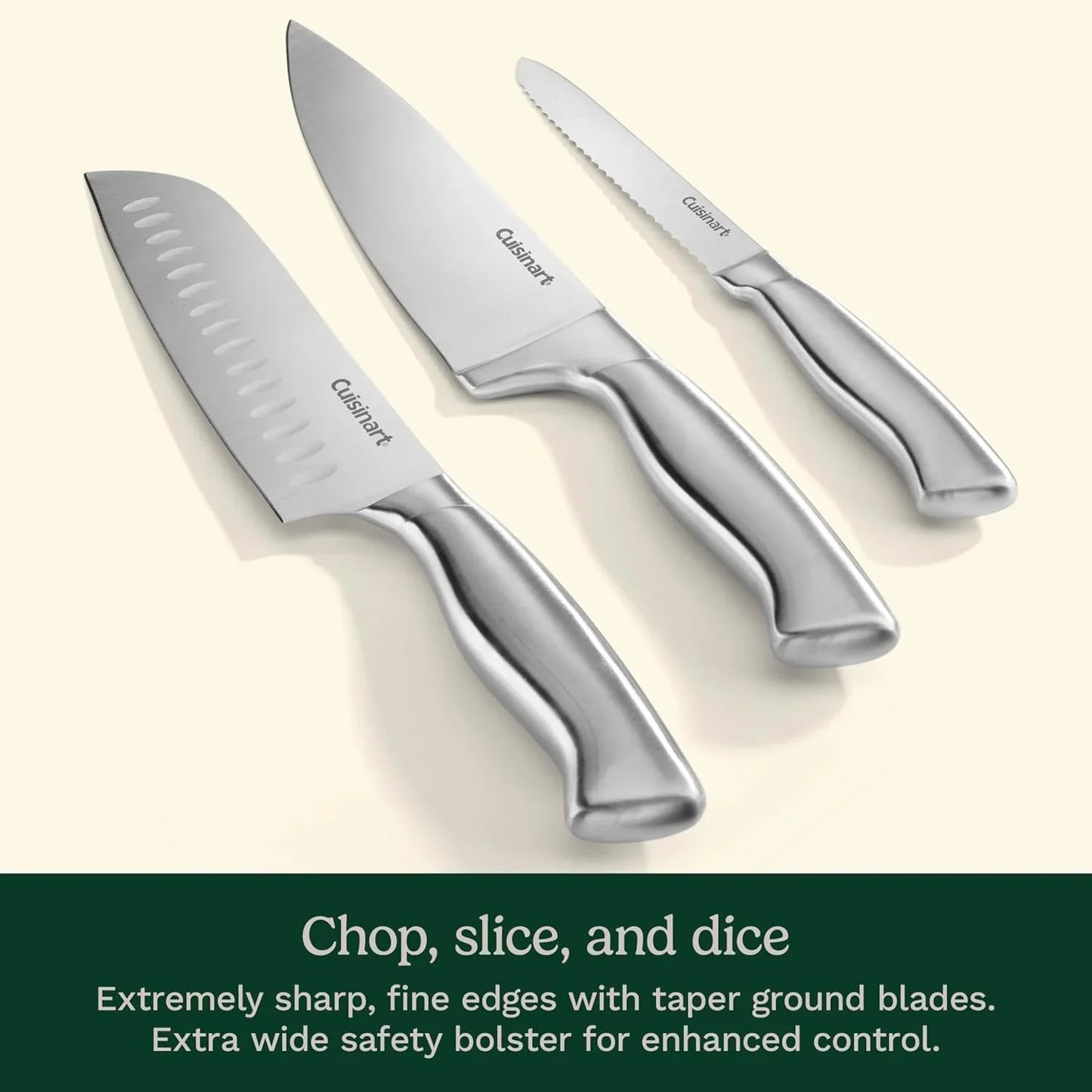 Set of three stainless steel Cuisinart kitchen knives with hollow handles on light background