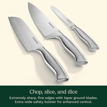 Set of three stainless steel Cuisinart kitchen knives with hollow handles on light background