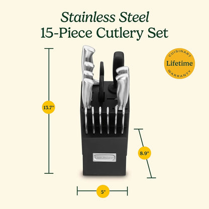 Stainless steel 15-piece cutlery set with hollow handles in black block, 13.7" tall, Cuisinart lifetime warranty