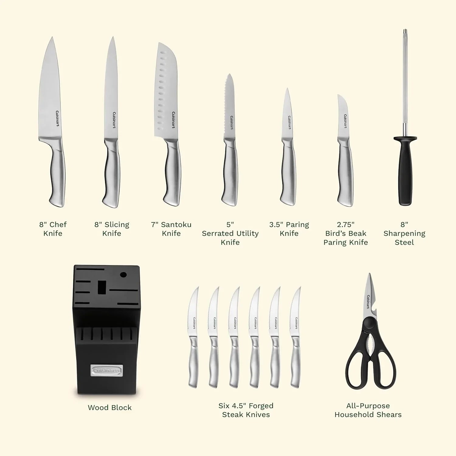 15-piece stainless steel cutlery set with a wood block, knives with hollow handles, sharpening steel, and kitchen shears