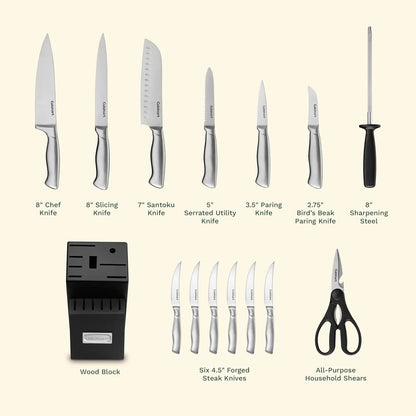 15-piece stainless steel cutlery set with a wood block, knives with hollow handles, sharpening steel, and kitchen shears