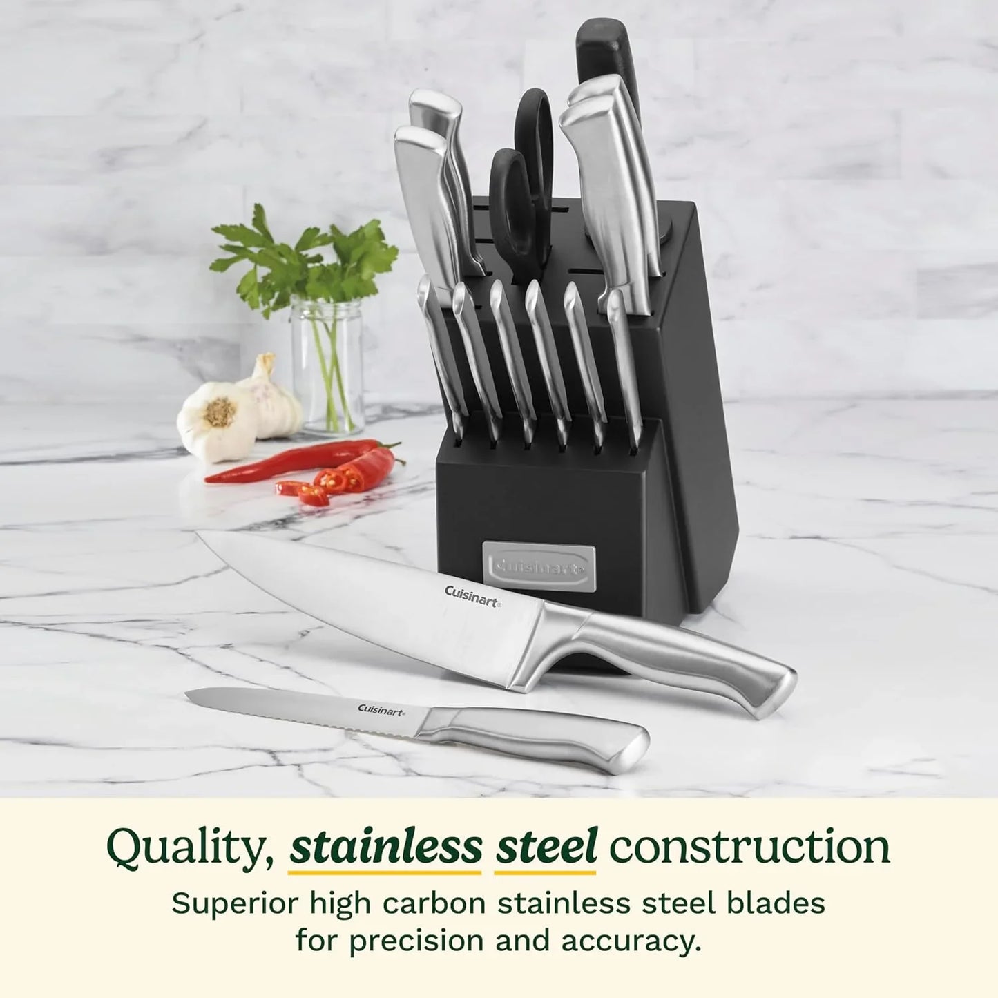 15-piece Cuisinart stainless steel knife set with hollow handles and black block on marble countertop